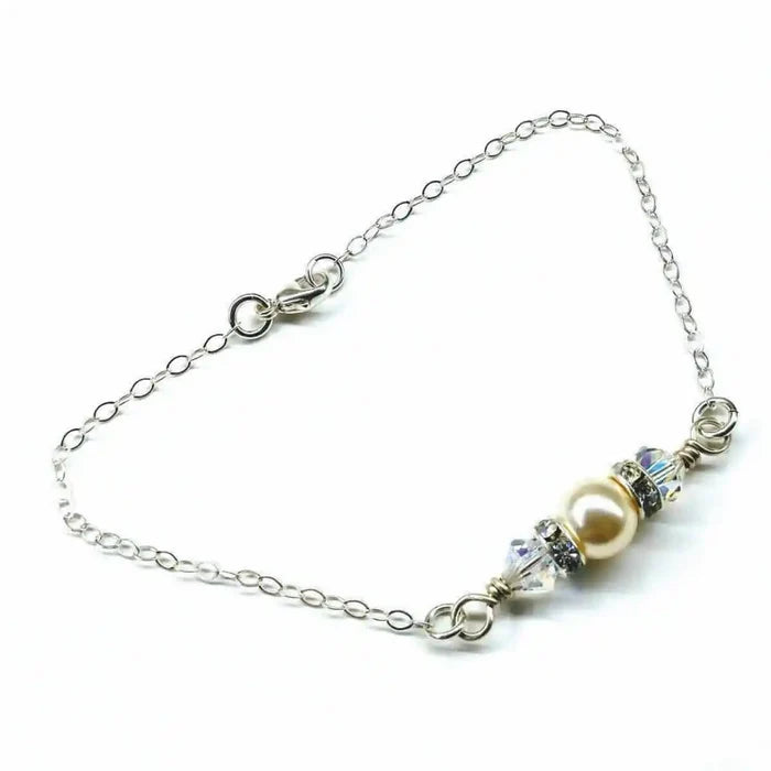 Silver Swarovski Crystal Pearl Bar Bridal Bracelet featuring elegant pearl and crystal accents on a delicate chain.