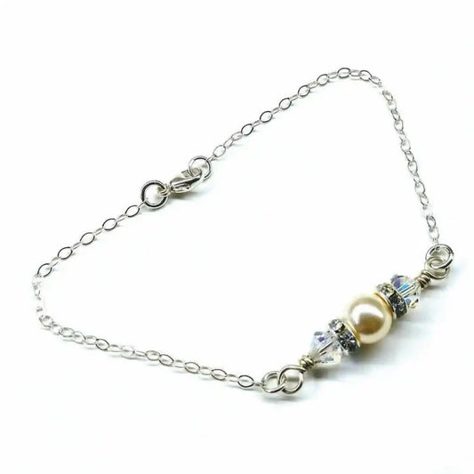 Silver Swarovski Crystal Pearl Bar Bridal Bracelet featuring elegant pearl and crystal accents on a delicate chain.