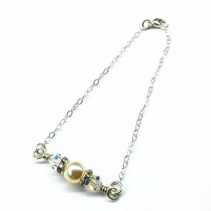 Silver Swarovski Crystal Pearl Bar Bridal Bracelet featuring elegant chain design with pearl and crystal accents.