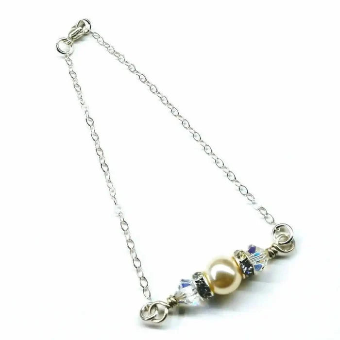 Silver Swarovski Crystal Pearl Bar Bridal Bracelet showcasing elegant silver chain and pearl design.
