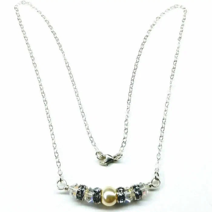 Silver Swarovski Crystal Pearl Bar Bridal Necklace features a stunning design with exquisite silver chain and pearls.