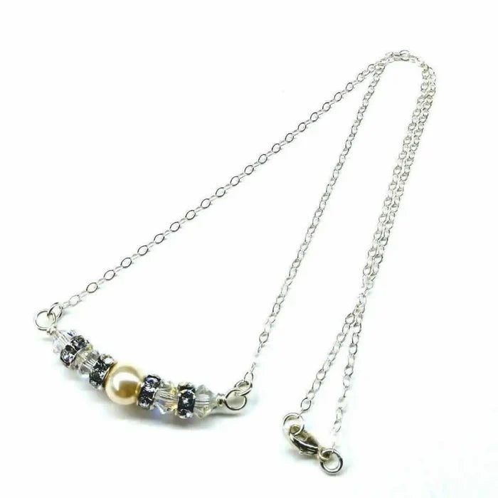 Silver Swarovski Crystal Pearl Bar Bridal Necklace showcasing elegant pearls and crystals on a silver chain.