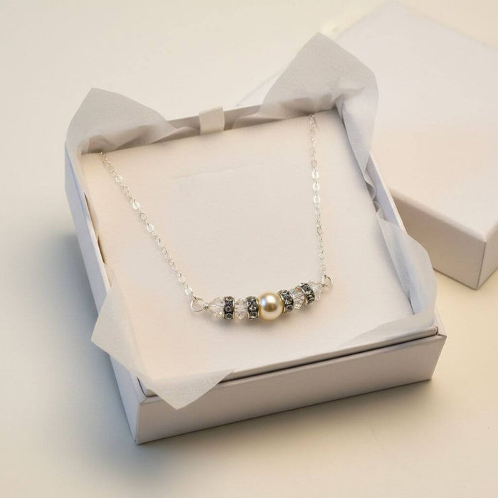 Silver Swarovski Crystal Pearl Bar Bridal Necklace displayed in a gift box with elegant packaging.