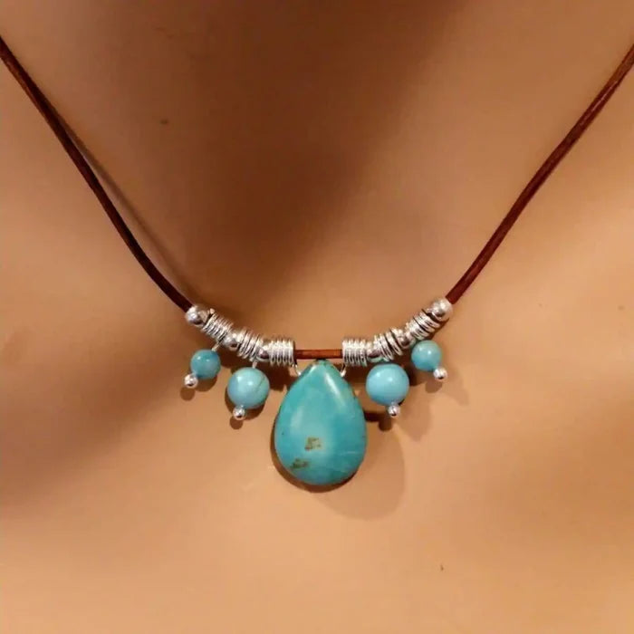 AMD1196 Silver Turquoise Drop Bead Charm Leather NecklaceJewelryNecklace$ 69.00Alexa Martha Designs