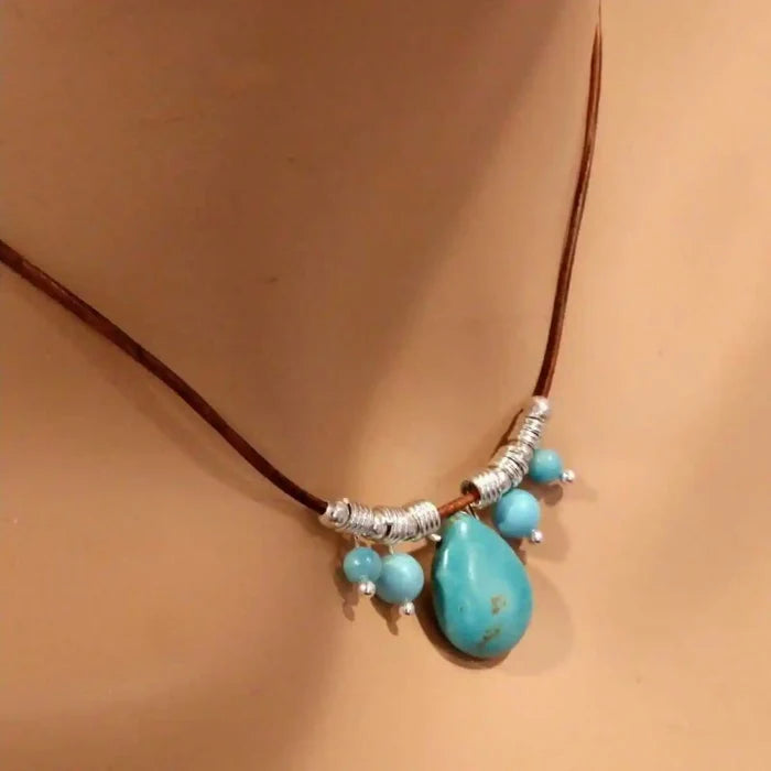 AMD1196 Silver Turquoise Drop Bead Charm Leather NecklaceJewelryNecklace$ 69.00Alexa Martha Designs