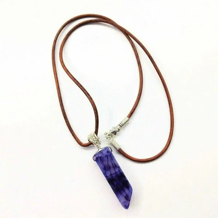 Silver Wrapped Purple Dyed Crackle Agate Point Necklace on a leather cord with a silver clasp.
