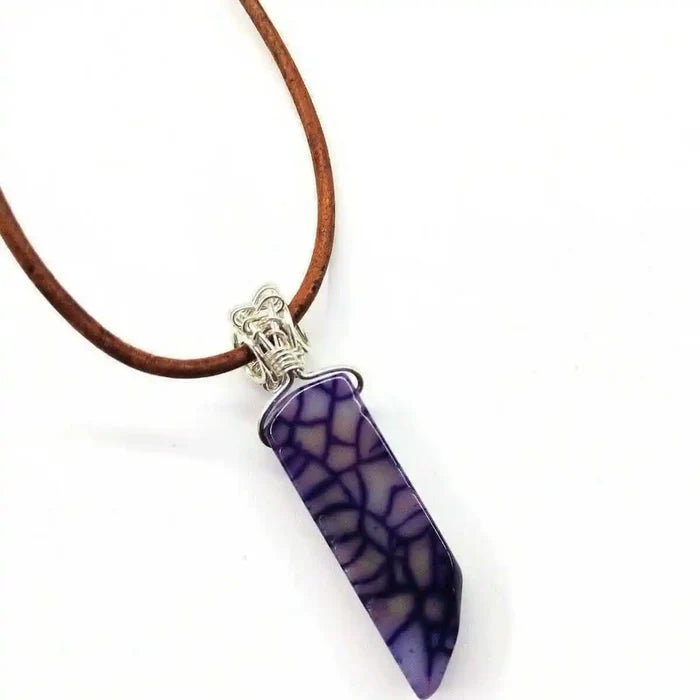 Silver Wrapped Purple Dyed Crackle Agate Point Necklace with leather cord and stunning purple hues