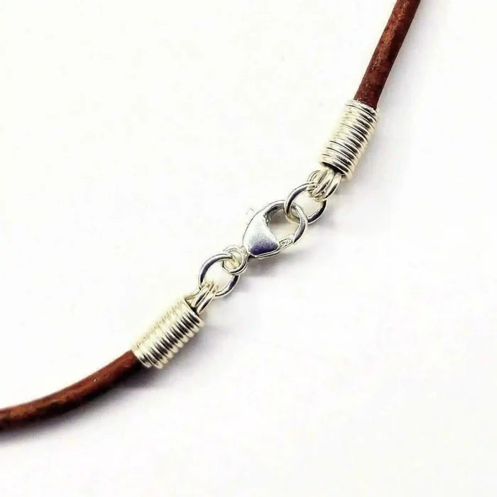 Silver Wrapped Purple Dyed Crackle Agate Point Necklace leather clasp detail