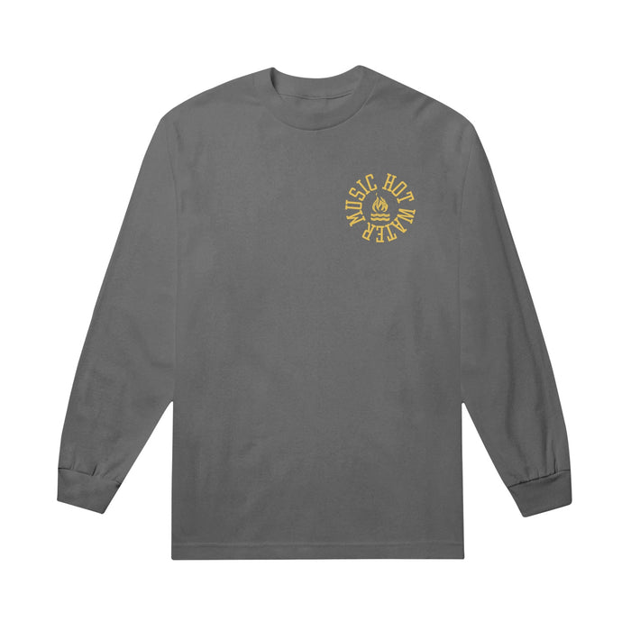 Gray long-sleeve shirt with a fire symbol and 2 bold wavy lines below it printed on upper right side in a yellow color. Symbol is surrounded by "HOT WATER MUSIC" in the shape of a circle.