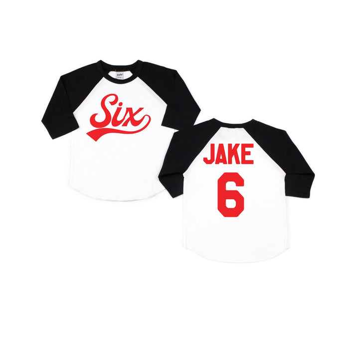 "Six" Red Logo 6th Birthday Baseball Raglan