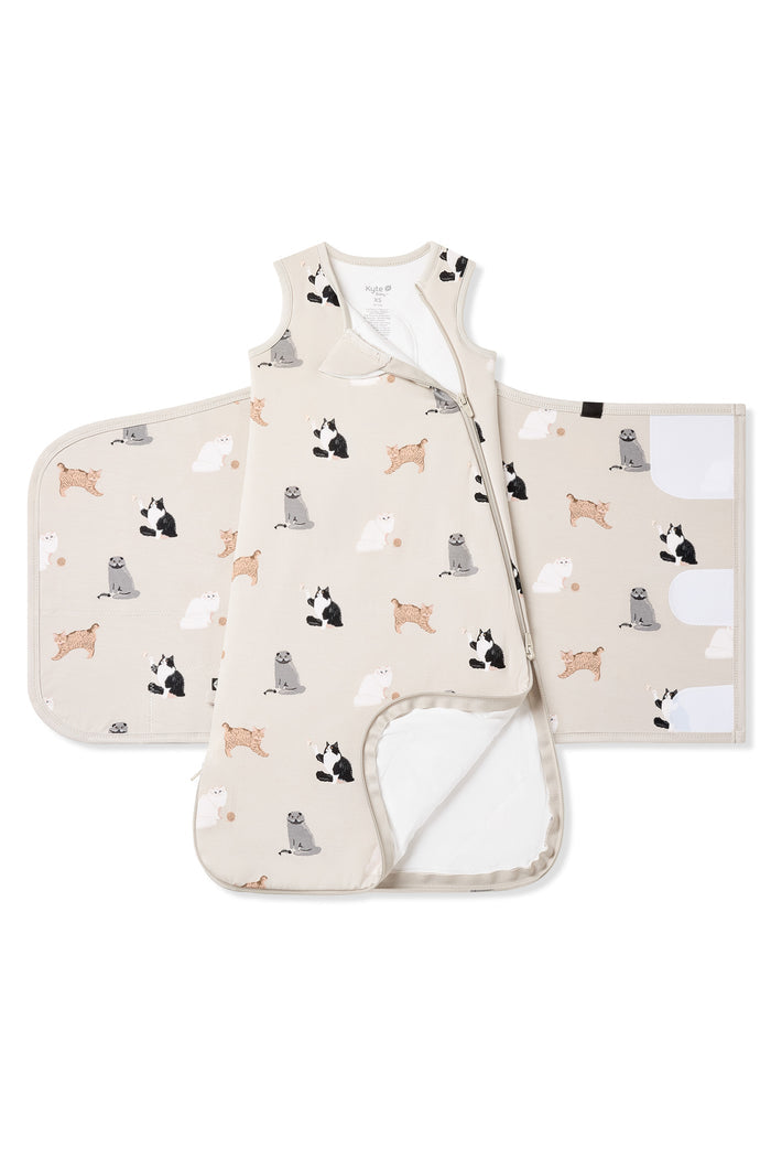 Double zipper shown on an unswaddled Sleep Bag Swaddler in Fluffy Cat 1.0