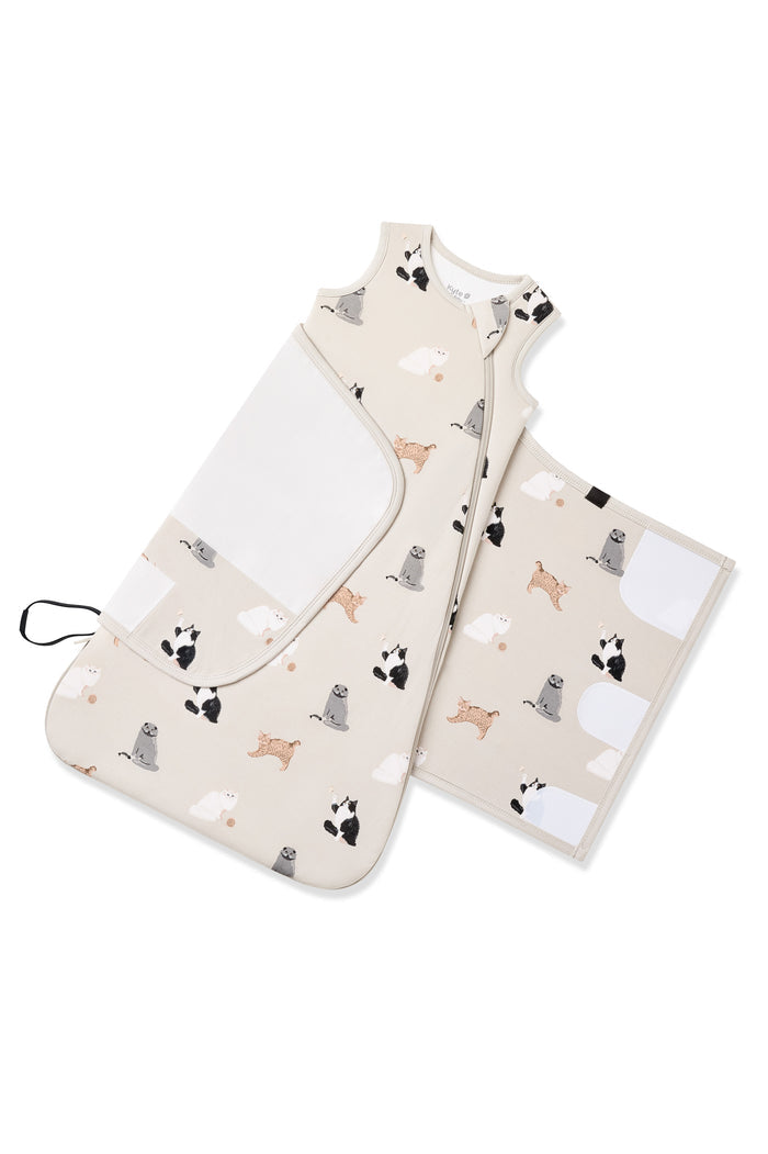 Adjustable velcro wrap shown on a Sleep Bag Swaddler in Fluffy Cat 1.0