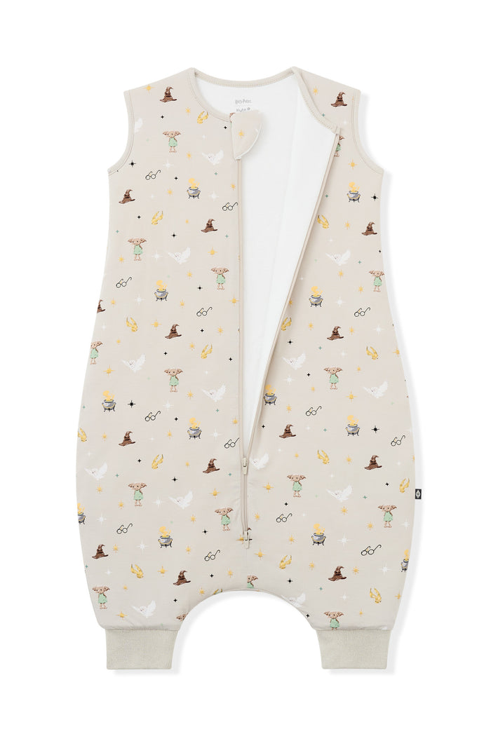 Open zipper of beige sleep bag walker with Harry Potter pattern print on a white background