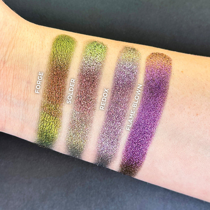 Wrist swatches of Forge, Solder, Redox and Flame-Blown fair skin tone.
