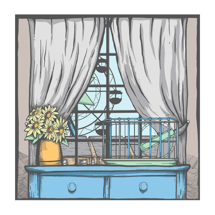 CD against white background. CD cover has a drawing of a window with gray curtains overlooking a Ferris wheel. There is a blue dresser in front of the window with a vase of sunflowers on the left and a hamster cage on the right.