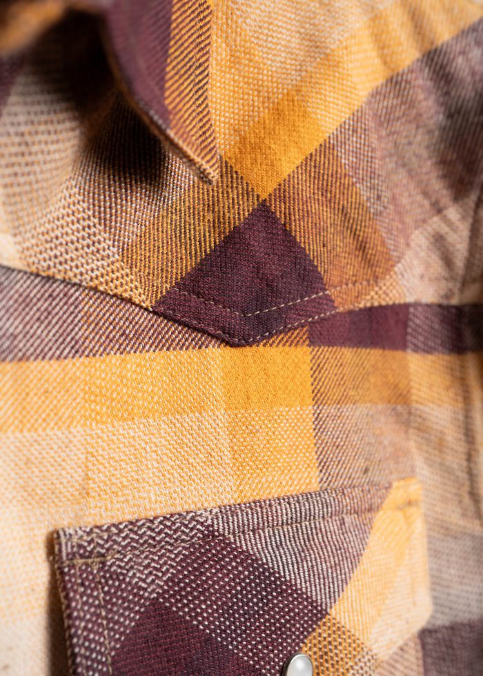 Close-up of a plaid shirt pocket with yellow and brown checks, highlighting the fabric texture and button detail.