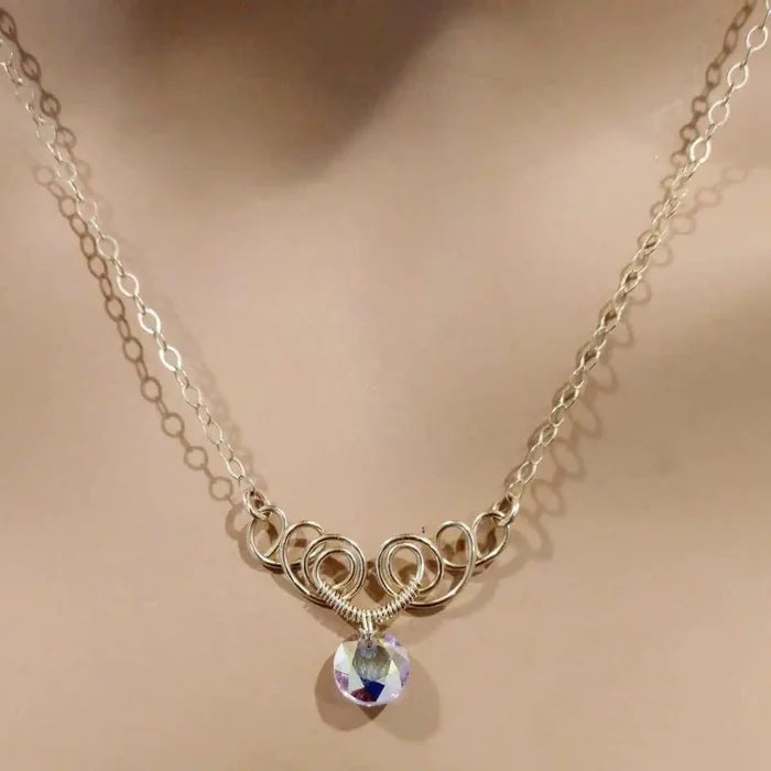 Sparkly Crystal AB Wire Sculpted 14 KT Gold Filled Necklace showcasing intricate wire design and crystal pendant.