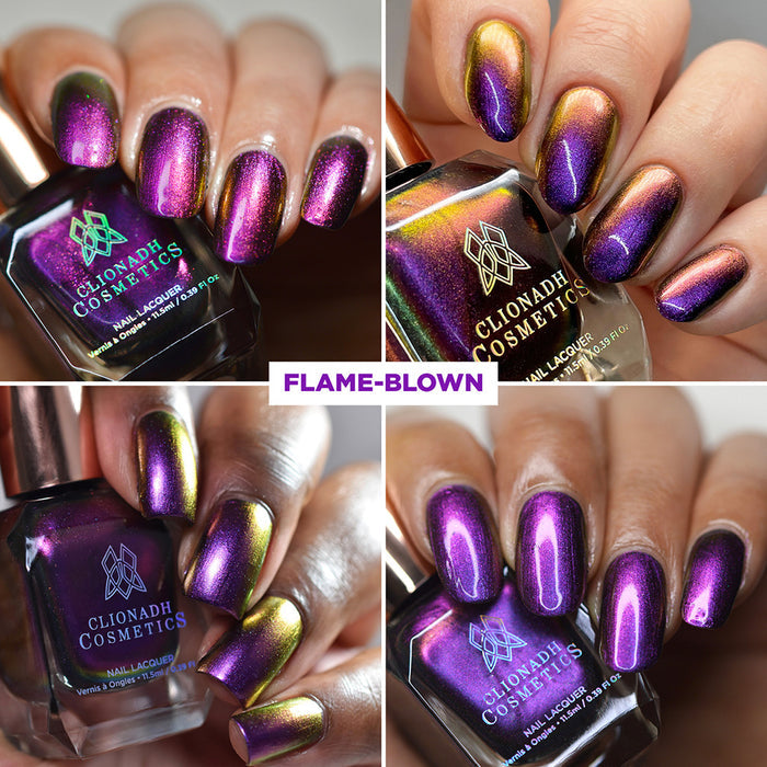 Collage of close up shots of nails done with Flame-Blown nail lacquer on various skin tones.