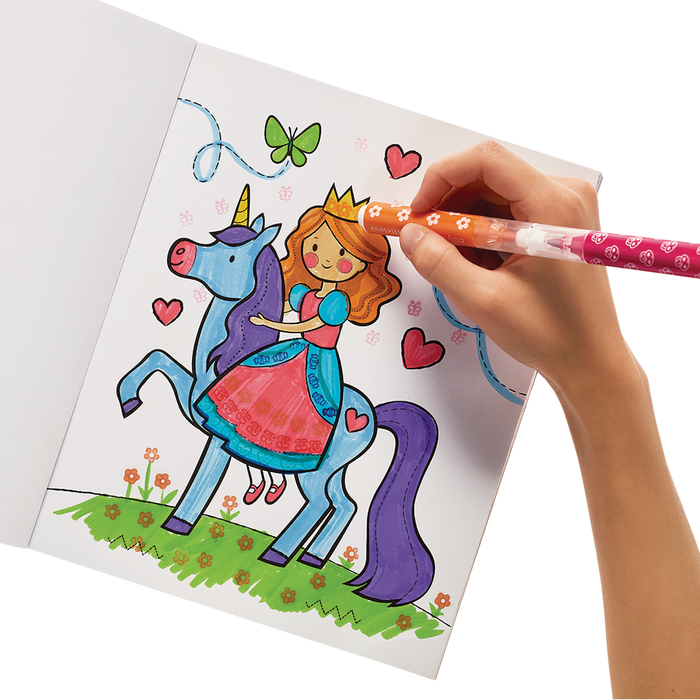 Coloring a princess on a unicorn in a coloring book using Stampables Double-Ended Stamp & Brush Markers