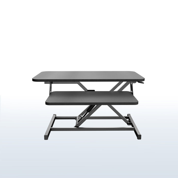 Heavy-duty height adjustable desk converter monitor riser with 2 tiers.