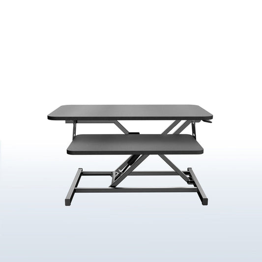 Heavy-duty height adjustable desk converter monitor riser with 2 tiers.