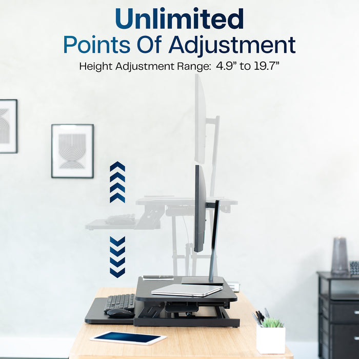 Heavy-duty height adjustable desk converter monitor riser with 2 tiers.