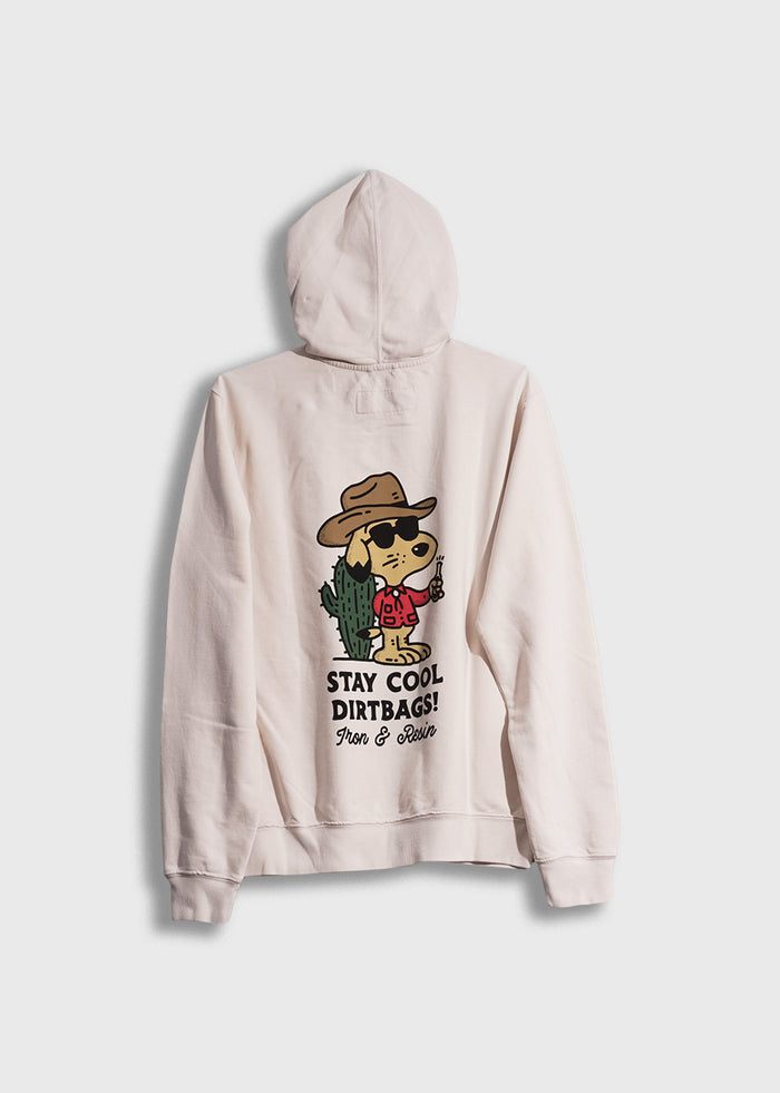 Beige hoodie with cartoon dog, cactus, and "Stay Cool Dirtbags!" text. Casual, playful design by Iron & Resin.