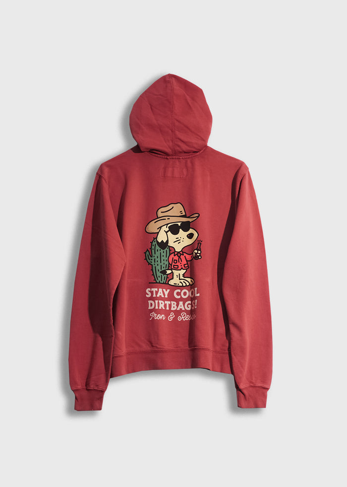 Red hoodie with cartoon dog in sunglasses, cowboy hat, cactus, and "Stay Cool Dirtbags! Iron & Resin" text on the back.