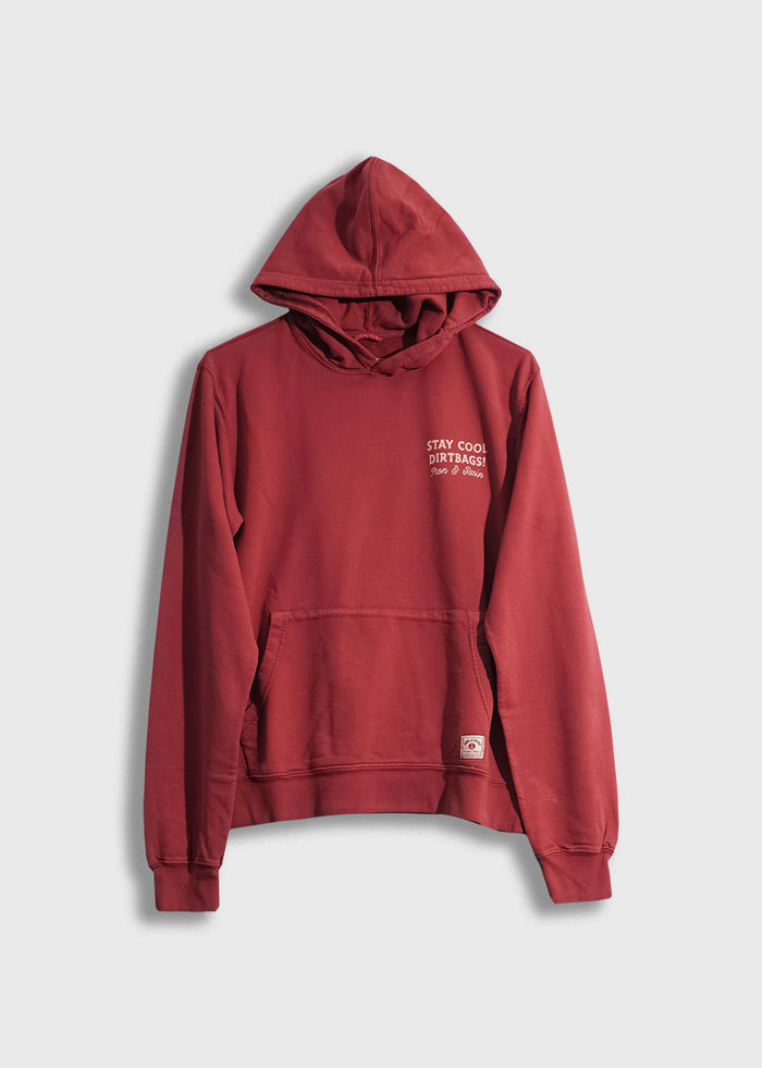 Red hoodie with "Stay Cool Dirtbags!" text on chest, featuring a front pocket and hood, displayed against a plain background.