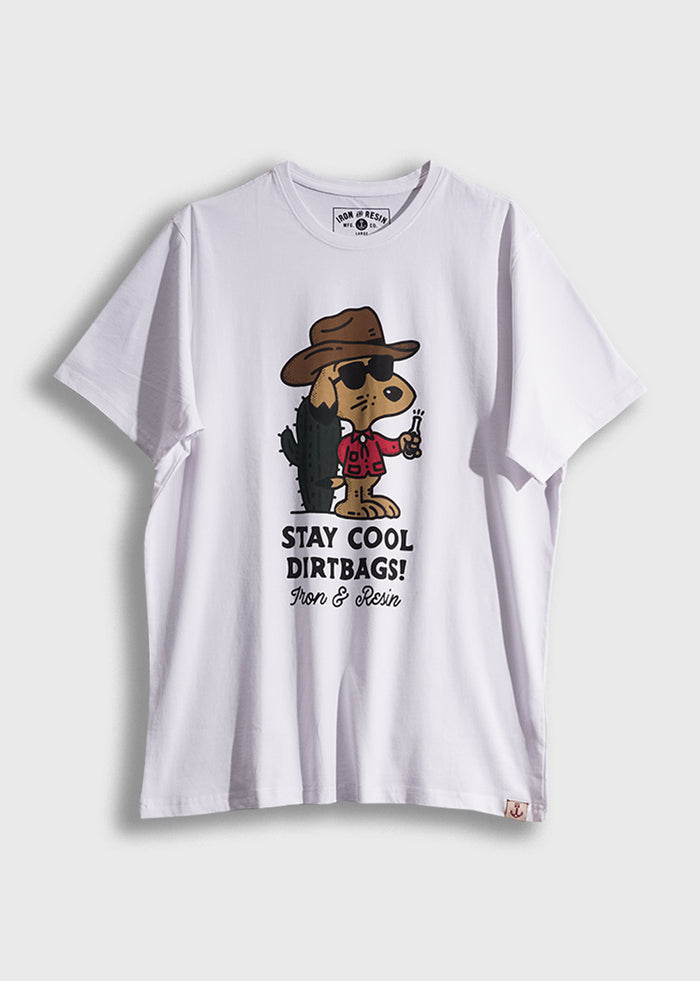 White T-shirt with cartoon dog in sunglasses and hat, holding a drink. Text reads "Stay Cool Dirtbags! Iron & Resin."