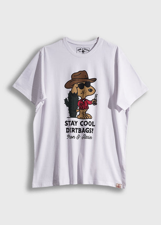 White T-shirt with cartoon dog in sunglasses and hat, holding a drink. Text reads "Stay Cool Dirtbags! Iron & Resin."