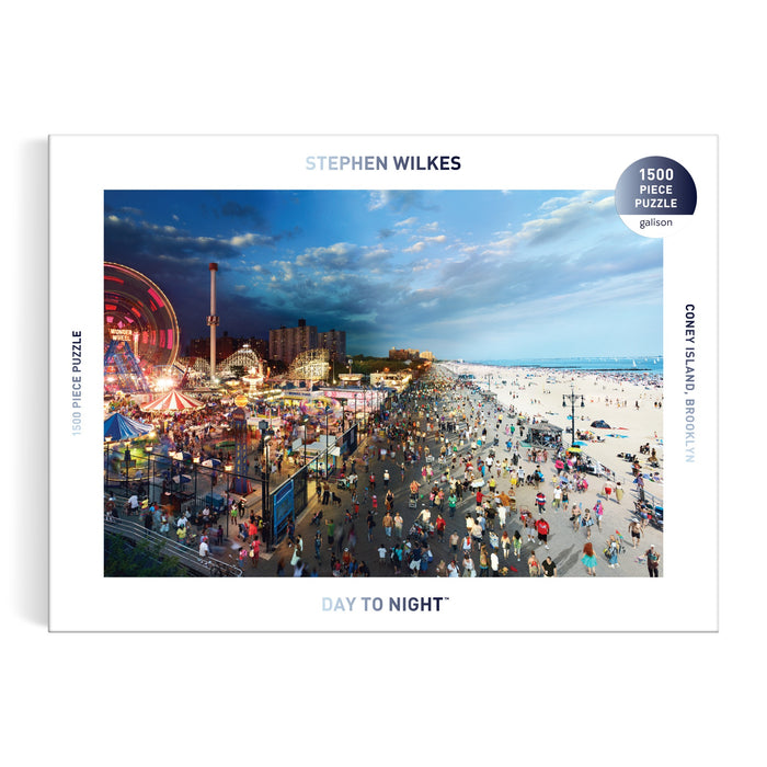 The Stephen Wilkes Day To Night Coney Island 1500 Piece Puzzle by Stephen Wilkes showcases his iconic photo of NYC’s Coney Island Beach with a day-to-night boardwalk and beach scene.