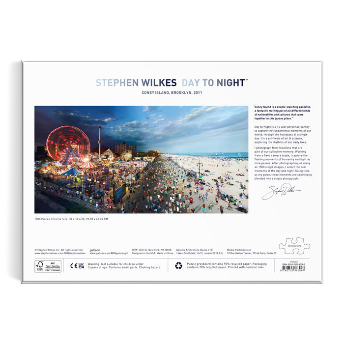 Experience Stephen Wilkes Day To Night Coney Island 1500 Piece Puzzle—a stunning Stephen Wilkes puzzle capturing NYCs Coney Island from a lively sunlit beach to the glowing Ferris wheel at night.