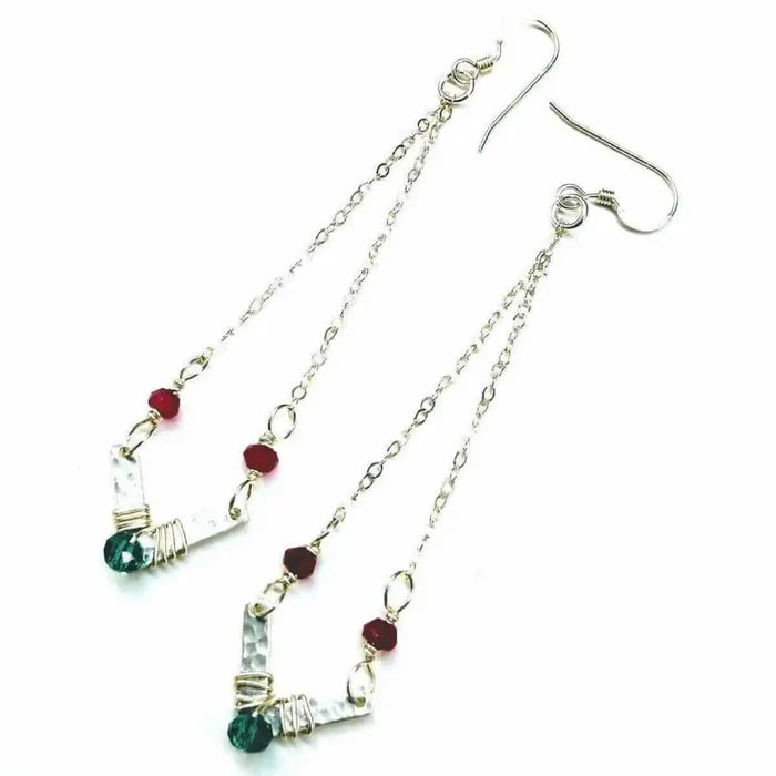 Sterling Silver Chevron Hot Pink Green Gemstone Earrings showcasing chevron design with colorful gemstones and elegant chain.