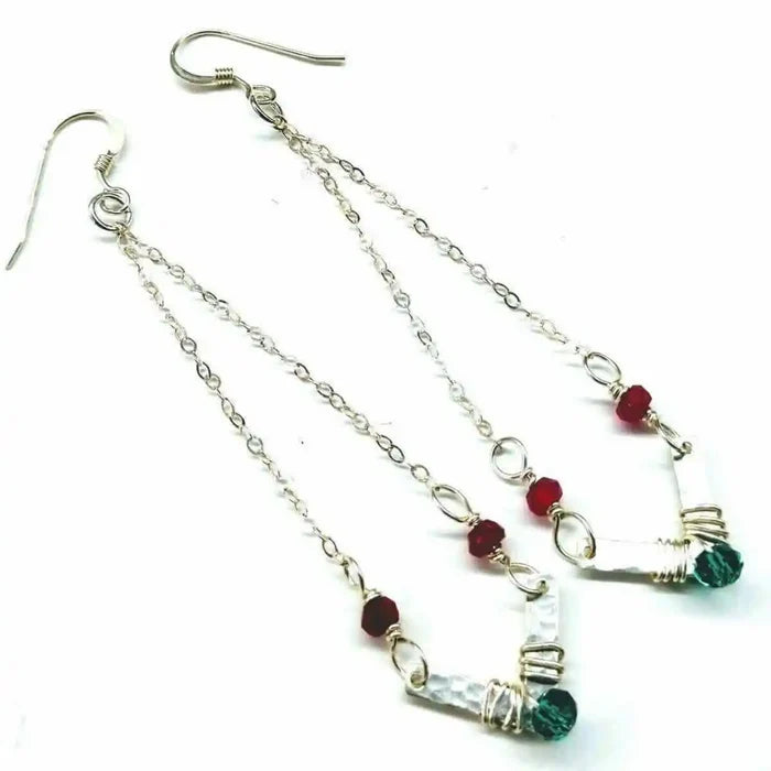 Sterling Silver Chevron Hot Pink Green Gemstone Earrings with a vibrant geometric design and sparkling gemstones.