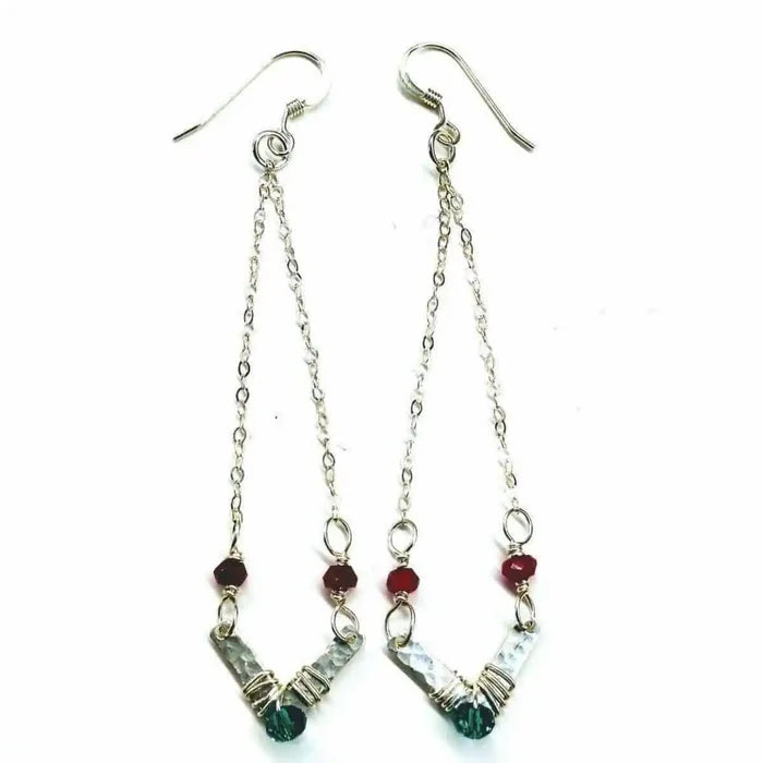 Sterling Silver Chevron Hot Pink Green Gemstone Earrings with geometric design and vibrant gemstones.