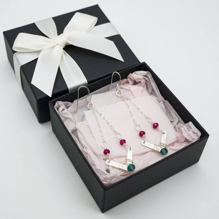 Sterling Silver Chevron Hot Pink Green Gemstone Earrings in a gift box with pink tissue paper.