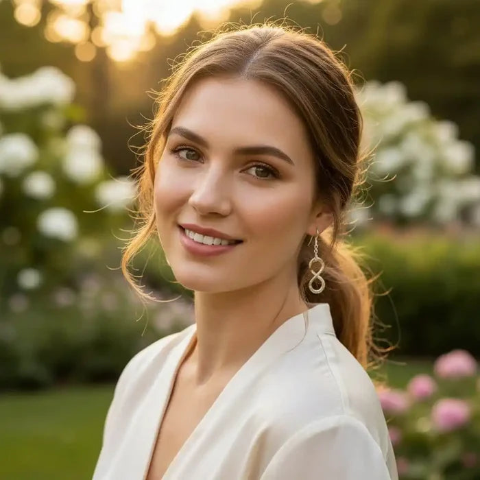 Model wearing sterling silver hammer patterned infinity earrings in a garden setting.