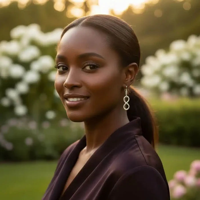 A woman wearing sterling silver hammer patterned infinity earrings, smiling in a garden setting with soft lighting.