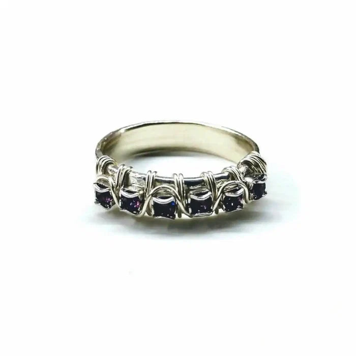 Sterling Silver Hammered Amethyst Rhinestone Bling Ring showcasing purple rhinestones and a unique hammered design.