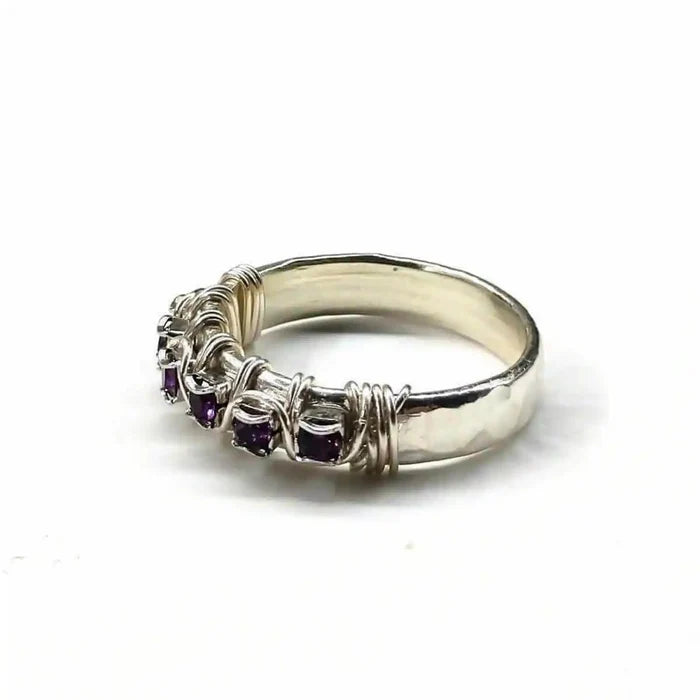 Sterling Silver Hammered Amethyst Rhinestone Bling Ring with purple rhinestones and a unique hammered design.