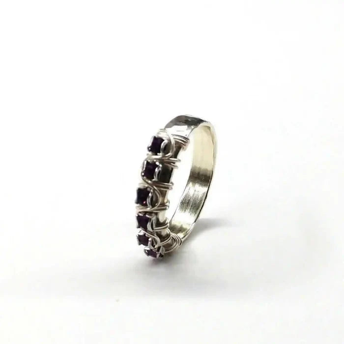 Sterling Silver Hammered Amethyst Rhinestone Bling Ring showcasing a beautiful cluster of amethyst stones in a handcrafted design.