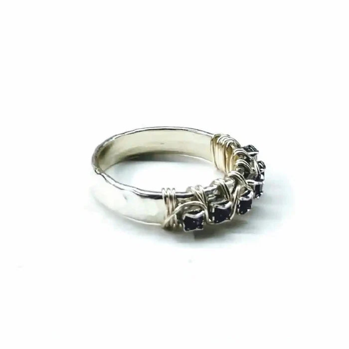 Sterling Silver Hammered Amethyst Rhinestone Bling Ring showcasing elegant design with sparkling rhinestones.