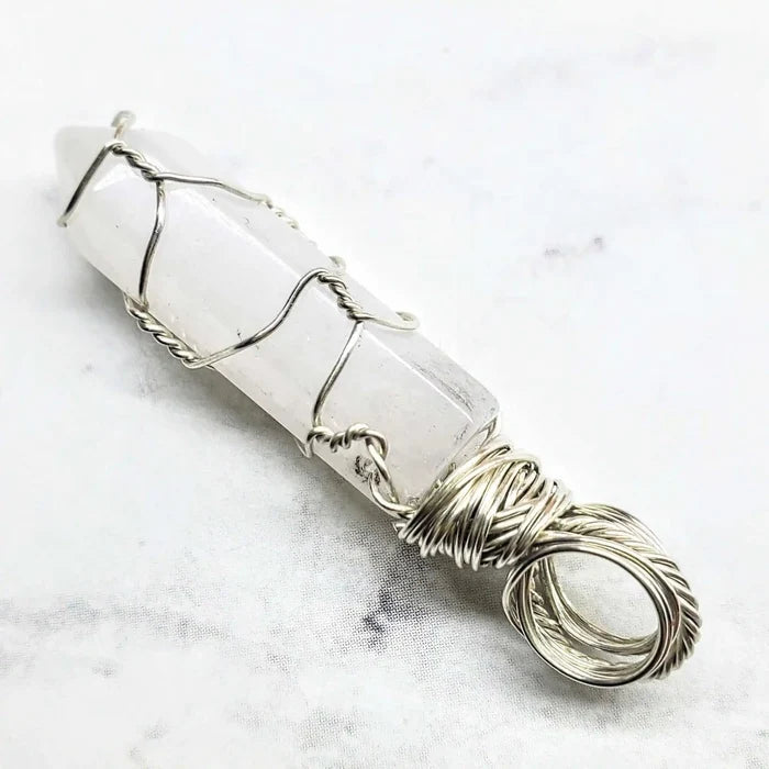 Sterling Silver Messy Wire Wrap Gemstone Crystal Pendant showcasing a unique wire-wrapped crystal design.
