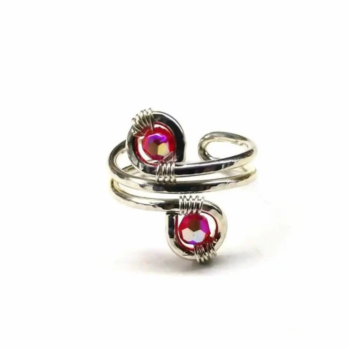 Sterling Silver Red Pink Crystal Adjustable Finger Toe Ring featuring unique design and sparkling crystals.