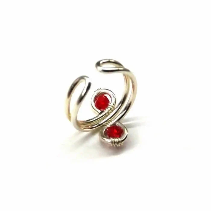 Sterling Silver Red Pink Crystal Adjustable Finger Toe Ring showcasing two red crystals in a unique design.