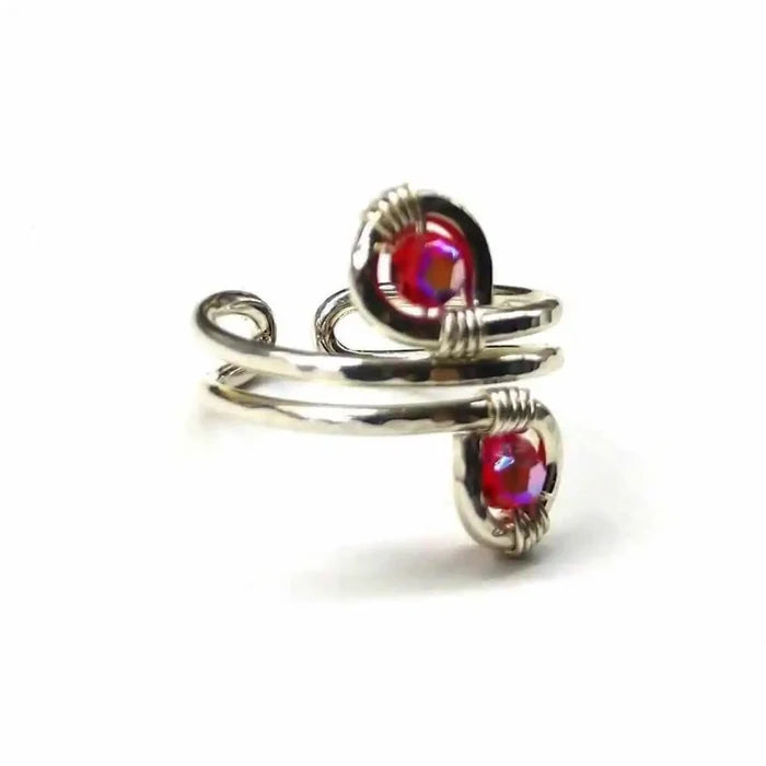 Sterling Silver Red Pink Crystal Adjustable Finger Toe Ring featuring elegant design and vibrant crystals.