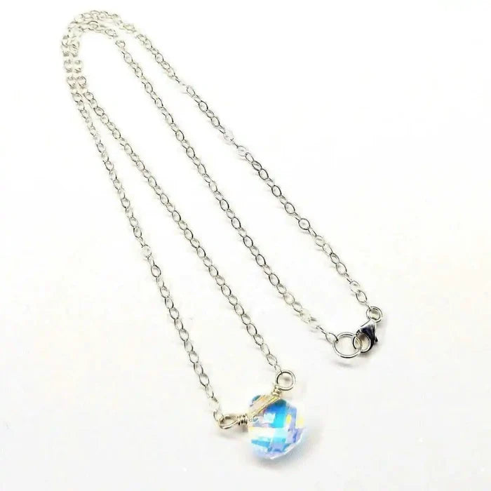 Sterling Silver Wire Wrapped Crystal Briolette Drop Necklace featuring a sparkling Swarovski Crystal AB pendant.