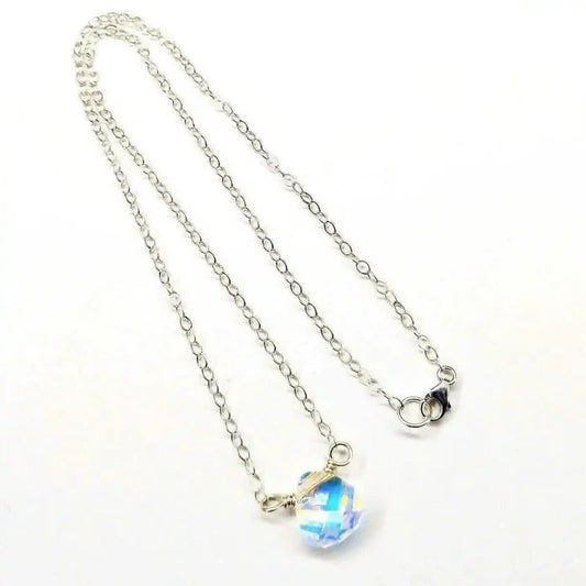Sterling Silver Wire Wrapped Crystal Briolette Drop Necklace featuring a sparkling Swarovski Crystal AB pendant.