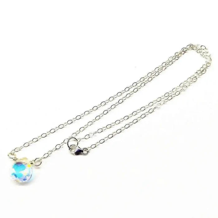 Sterling Silver Wire Wrapped Crystal Briolette Drop Necklace with 11mm Swarovski Crystal AB pendant.
